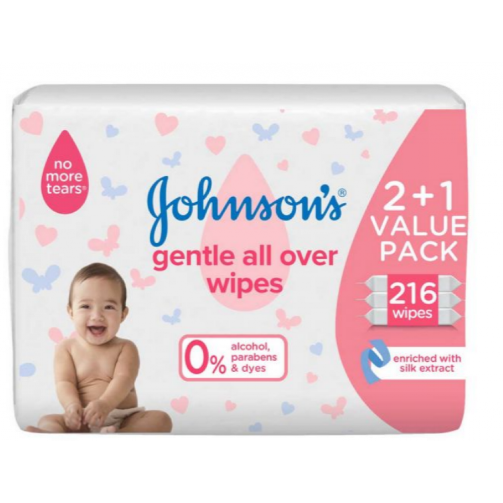 مناديل لتنظيف لطيف لكامل بشرة الطفل من جونسون 2+1